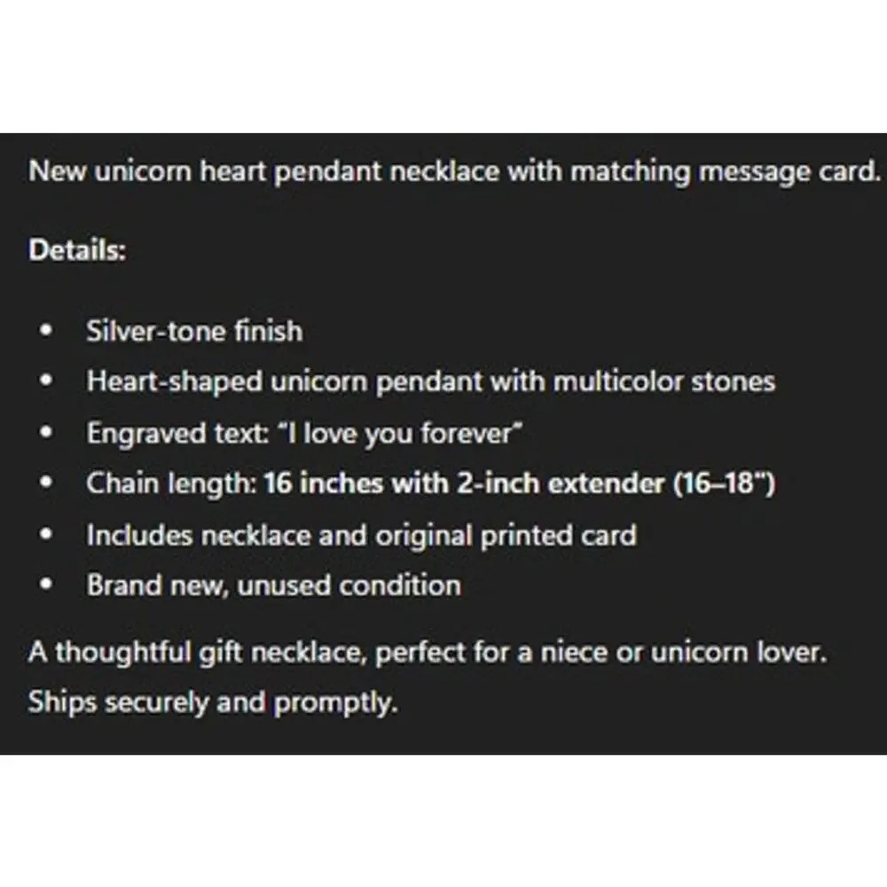 Niece Bonded Unicorn Heart Necklace “I Love You Forever” Silver Tone 16–18in